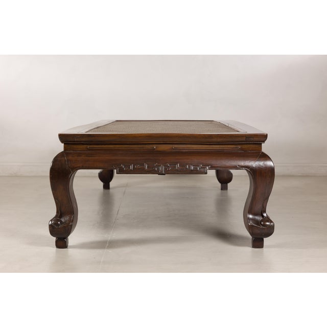 Antique Chinese Elm Opium Bed Coffee Table with Woven Rattan Top and Scroll Legs For Sale In New York - Image 6 of 18
