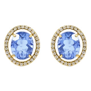 18K Yellow Gold 8X10 MM Blue Fluorite Oval and 1/2 Cttw Diamond Halo Stud Earrings For Sale