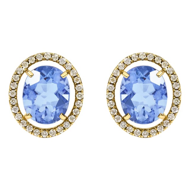 18K Yellow Gold 8X10 MM Blue Fluorite Oval and 1/2 Cttw Diamond Halo Stud Earrings For Sale