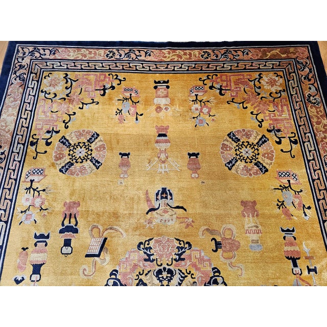 Antique Art Deco Chinese Rug, Hand-Knotted Wool, Pastel Yellow & Blue, 10x15 For Sale - Image 11 of 18