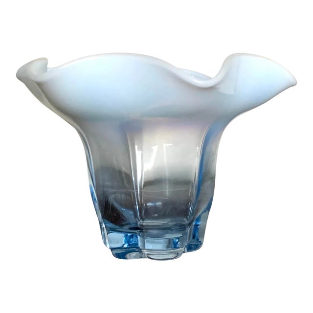 Vintage Opalescent Blue Scalloped Art Glass Vase For Sale