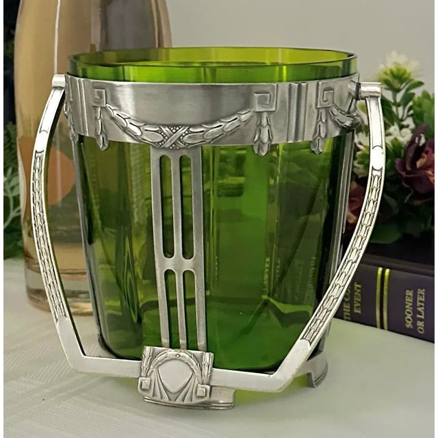 Metal Art Deco Wurttembergische Wine Chiller Vintage Green Glass Ice Bucket For Sale - Image 7 of 11