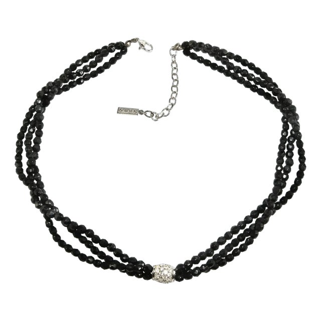 Vintage Napier Mini Torsade Necklace Black Beads & Rhinestone Ball For Sale