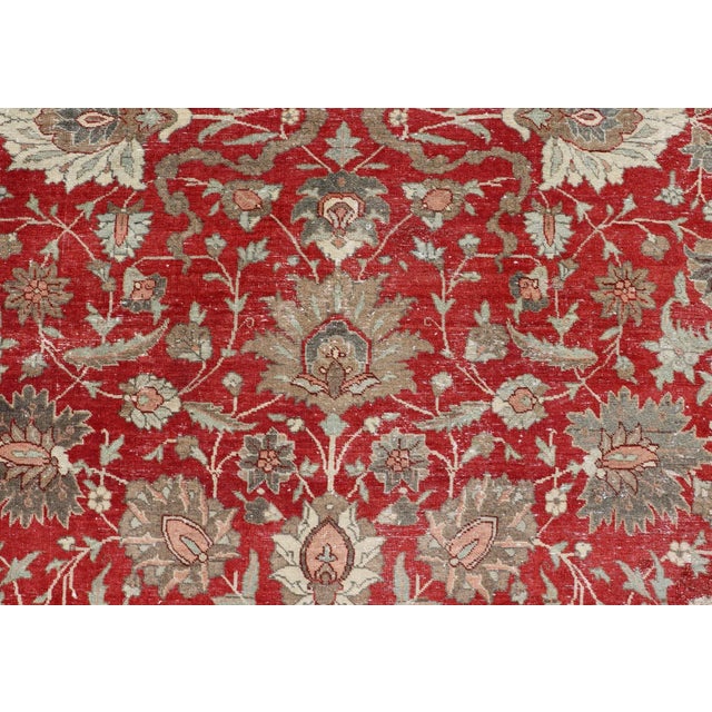 Early 20th Century Antique Persian Fine Weave Tabriz in Red Background With Earth Tones 8'5" X 11'8" For Sale - Image 5 of 12