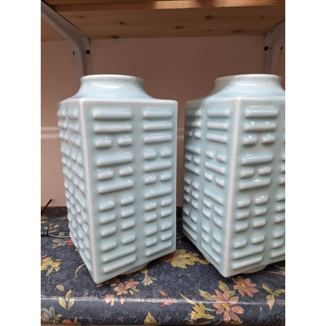 Chinoiserie Pair of Antique Chinese Celadon Glazed Cong Vases With Eight Trigrams Motif For Sale - Image 3 of 9