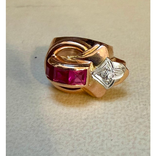 Modern 0.60Ct Natural Invisible Set Ruby & Diamond 14 Karat Rose Gold Pinky Ring Size 4 For Sale - Image 3 of 8