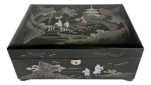 Vintage Black Lacquer Asian Jewelry Box With Mother of Pearl Inlay