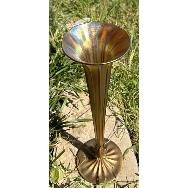 Antique 18" l.c. Tiffany Favrile Iridescent Trumpet Vase With Tiffany Furnaces Bronze Base For Sale - Image 10 of 12