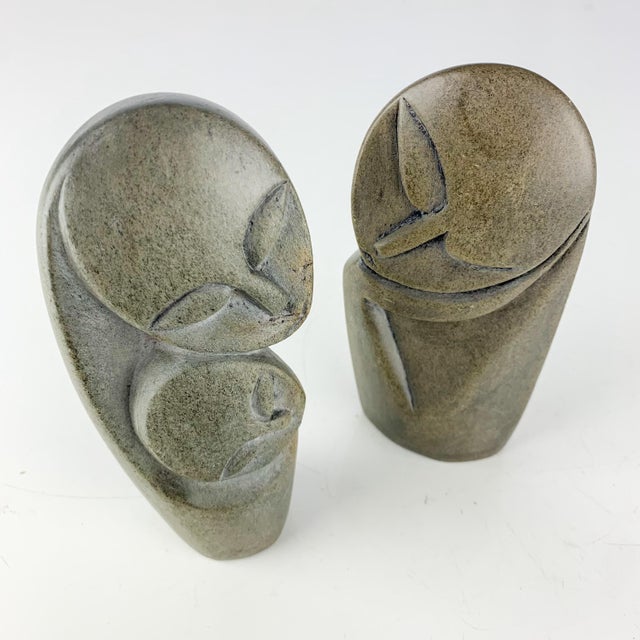 Mid 20th Century Vintage Pair African Art Shona Stone Sculptures Faces Mother Child Head in Hand For Sale - Image 5 of 12