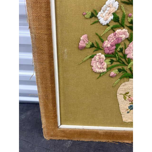 Vintage Floral Crewel Embroidery Wall Art With Burlap Border For Sale - Image 11 of 11