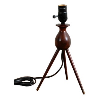 Vintage Mid Century Modern Teak Turned Wood Round Denmark Tripod Table Lamp For Sale