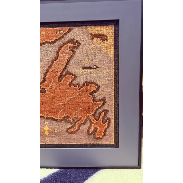 1930's Grenfell Mat – Map of Newfoundland With Whale, Sailing Ship & Coastal Settlements – Framed Textile Art For Sale - Image 4 of 15