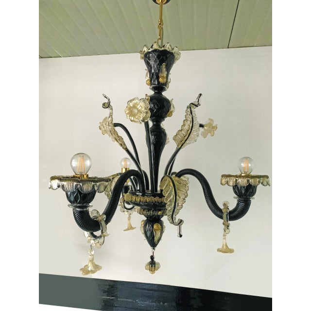 Metal Venetian Black and Gold Murano Style Glass Chandelier With Flowers and Leaves For Sale - Image 7 of 7