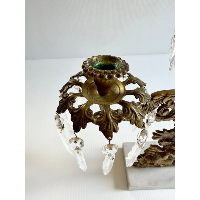 Late 19th Century Antique Brass Victorian Couple 3 Arm Girandole Candlestick With Marble Base & Prisms For Sale - Image 5 of 17