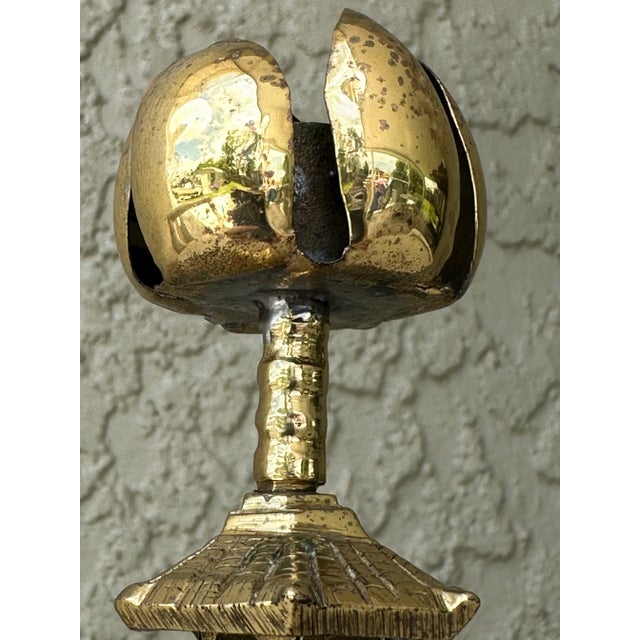 Vintage Chinese Brass Pagoda Temple Candlestick With Lotus Flower Bobeche For Sale - Image 10 of 12