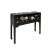 This is a simple black lacquer with color flowers graphic slim narrow console side table with a straight-leg design....