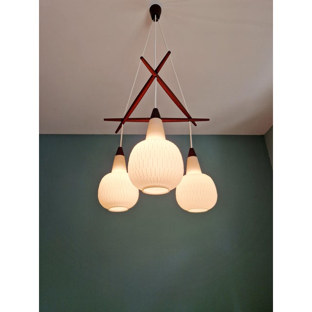 Scandinavian Chandelier in Teak and White Opaline Glass, 1960s For Sale - Image 11 of 18