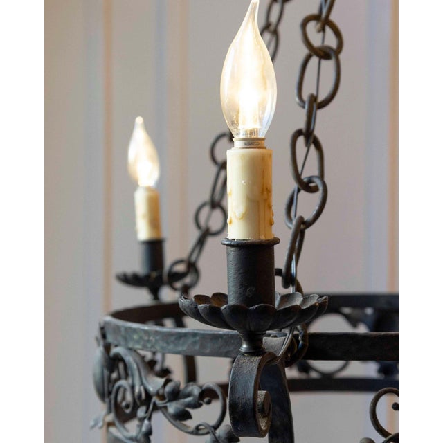 Mid 20th Century 20th-Century French Wrought Iron Chandelier with Foliate Crown For Sale - Image 5 of 10