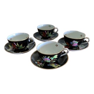 Herend Black Queen Victoria Pattern Teacups and Saucers- 8 pcs For Sale