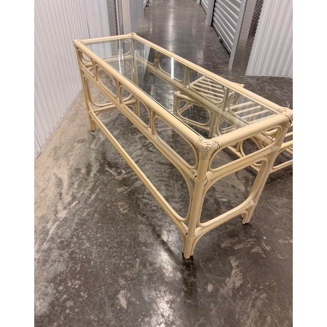 Vivai del Sud 1970s Vintage Coastal Bamboo & Rattan Console Table With Matching Ottomans For Sale - Image 4 of 9