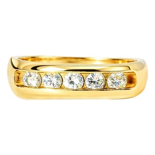 Late 20th Century Size 7.25 14K Yellow Gold Diamond Wide Wedding Band Ring For Sale