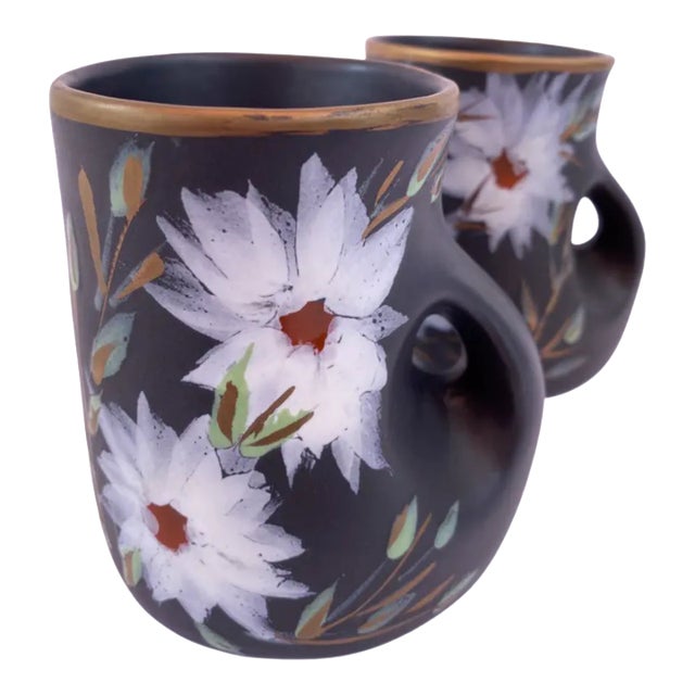 Mid-Century Vallauris Black White Floral Blossoms Terracotta Mugs- A Pair For Sale