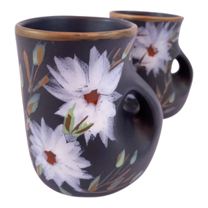 Mid-Century Vallauris Black White Floral Blossoms Terracotta Mugs- A Pair