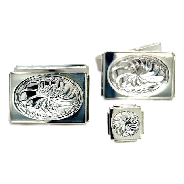 1990s Georg Jensen Estate Mens Cufflinks Set With Tie Pin Without Back of Tie Pin Silver, 3 Pieces For Sale