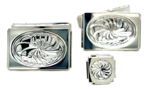 1990s Georg Jensen Estate Mens Cufflinks Set With Tie Pin Without Back of Tie Pin Silver, 3 Pieces
