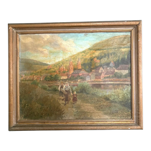 Antique Landscape Oil Painting on Canvas in Gold Wood Frame