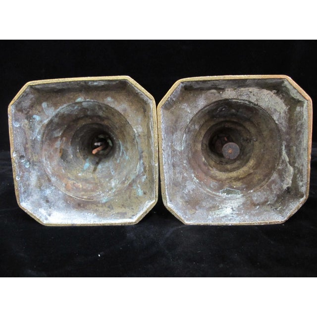 Antique English Brass Beehive & Diamond 14" Candle Holder Candlesticks For Sale - Image 10 of 10