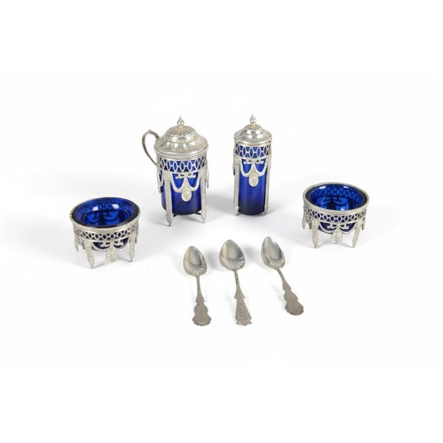 Antique Silver-Mounted Cobalt Blue Glass Condiment Set, 1900, Set of 7 For Sale - Image 18 of 18