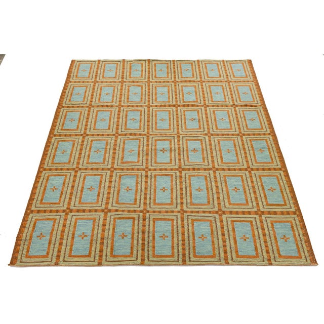 Swedish-Style Geometric Flatweave Wool Rug in Rust and Sky Blue For Sale - Image 4 of 10