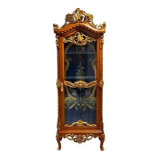 Exquisite French Louis XV Display Showcase, Gold Leaf Details & Luxury Upholstered Interior For Sale