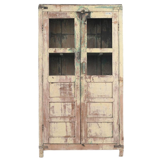 Glass Wardrobe in Patinated Wood For Sale