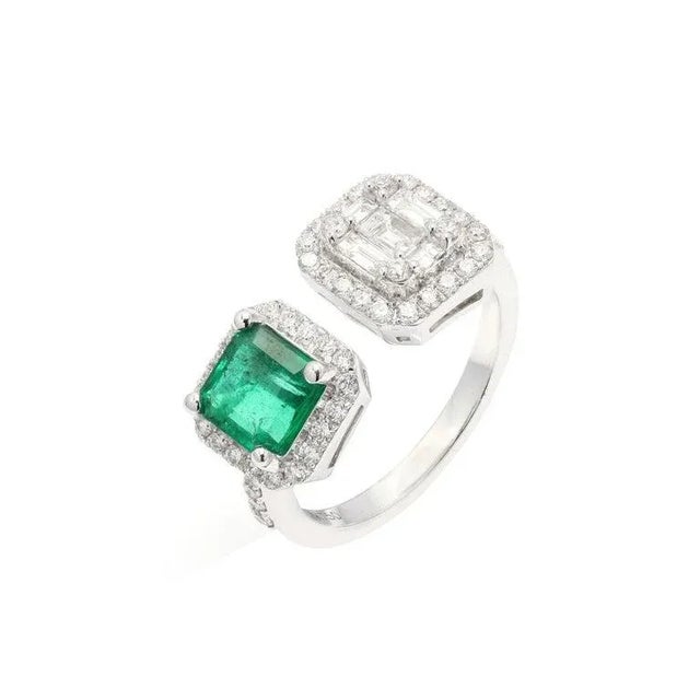 This is part of Chairish’s Fine Jewelry assortment. Square Cut Emerald and Diamond Open ring in 18K Gold which perfectly...