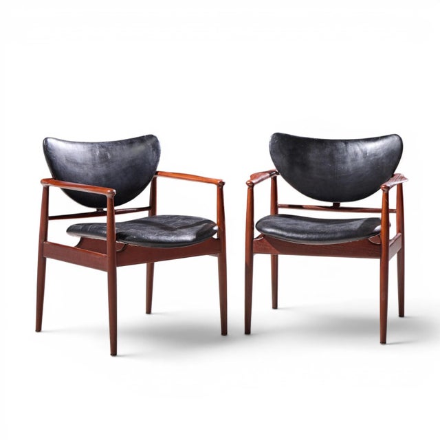 Finn Juhl for Niels Vodder Model NV-48 Mid Century Danish Teak Lounge Chairs - Pair Each chair measures: 27.25 wide x 24.5...