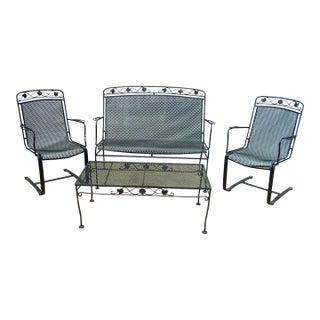 Woodard Salterini Attributed Mt Vernon Patio Seating & Table Set, Loveseat Bench Cantilever For Sale