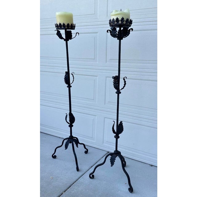 Mid 20th Century Mid 20th Century Spanish Forged Iron Floor Candlesticks, Torchieres 5 Ft Tall - Pair For Sale - Image 5 of 16