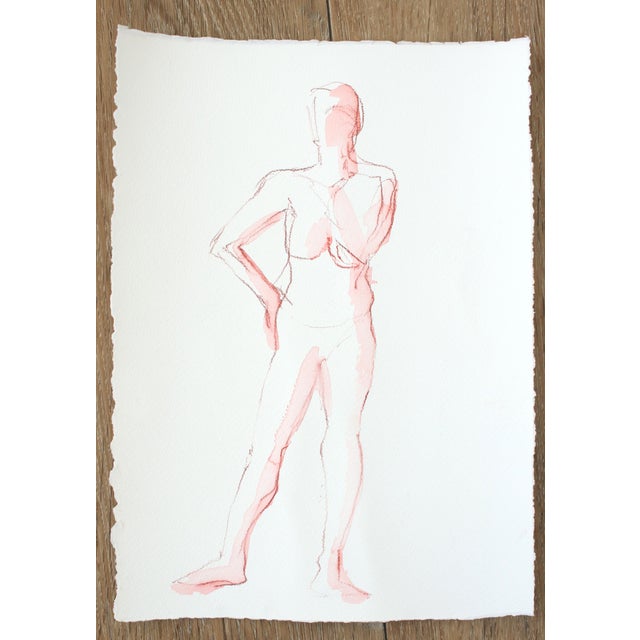 Watercolor painting in deep red watercolor pencil of a tasteful standing female nude. The brick red nude painting is...