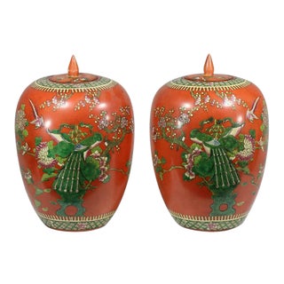 Qing Dynasty 19th C. Chinese Persimmon Decorated Porcelain Ginger Jars - a Pair- Reign Mark For Sale