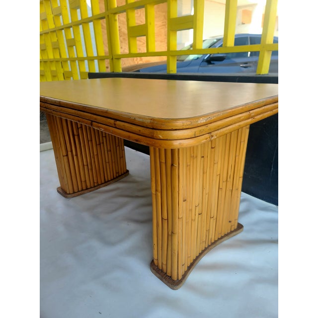 Vintage Rattan Patio Table With Curved Pedestal Bases, Attributed For Sale - Image 9 of 11