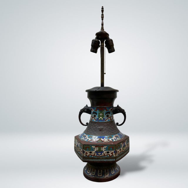 Chinese Chinese Dragon Handle Bronze Cloisonné Lamp, Early 20th Century For Sale - Image 3 of 11
