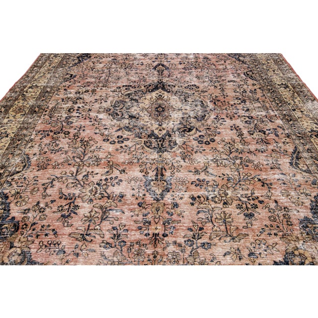 Persian Vintage Persian Distressed Peach Handmade Floral Wool Rug For Sale - Image 3 of 7