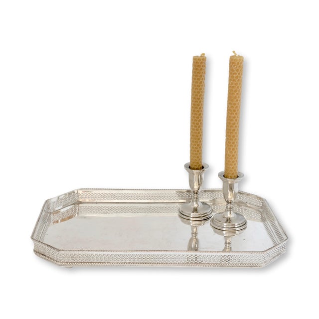 Metal English Mirror Finish Tray & Candlesticks For Sale - Image 7 of 7