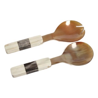 Renata Horn Salad Server Set with Bone Etched Handle For Sale