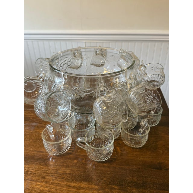 Glass Mid 20th Century Jeanette Glass Fruit Pattern Punch Bowl Set - 34pcs For Sale - Image 7 of 12