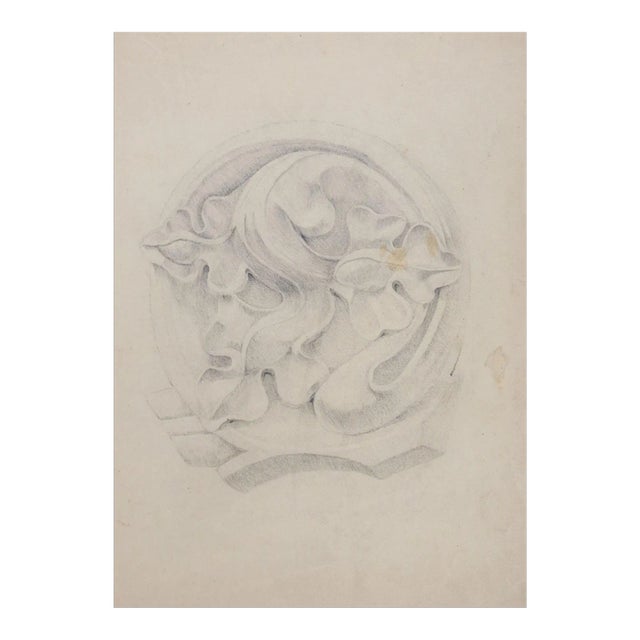 Vintage Pencil Drawing Architectural Carved Detail For Sale