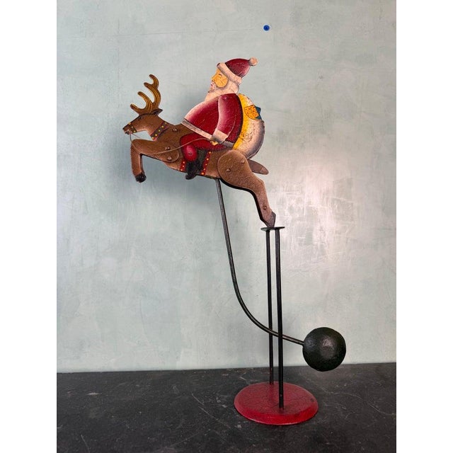 Folk Art Vintage Folk Art Santa Claus on Reindeer Balancing Kinetic Sculptured For Sale - Image 3 of 11