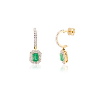 1.85ct Emerald and Diamond C-Hoop Drop Earrings in 14k Yellow Gold- 2 Pieces For Sale